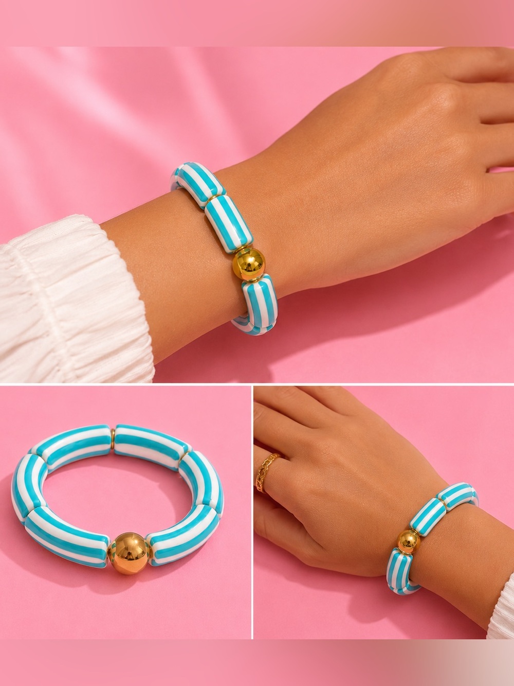 Nautical Turquoise White Striped Bracelet with Gold Bead
